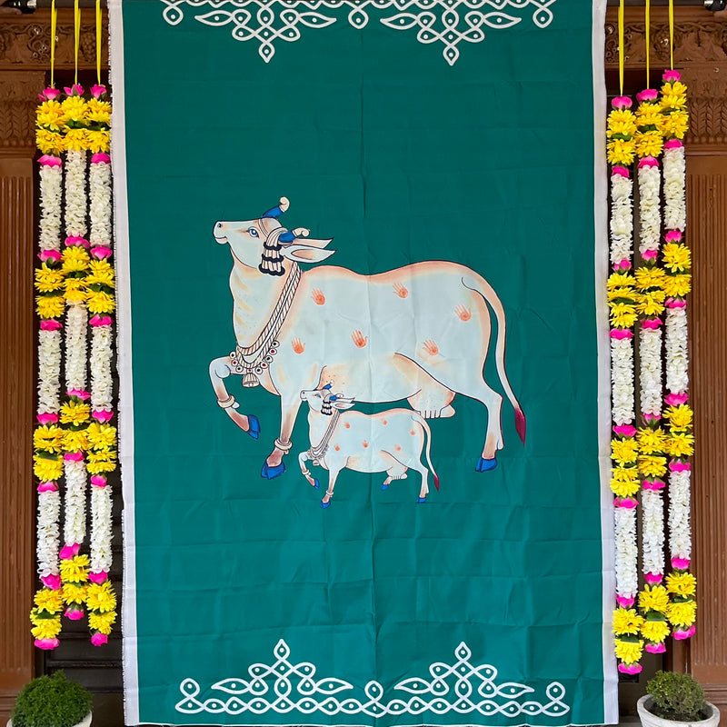 Pichwai Cow Backdrop With Artificial Flower Garlands (Set of 7 pcs) - Festive Decoration Wall Hanging - Crafts N Chisel - Indian Home Decor USA