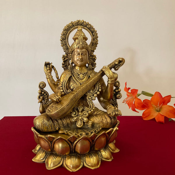 12 Inch Goddess Saraswati Brass Idol, Pooja Statue - Crafts N Chisel - Indian Home Decor USA