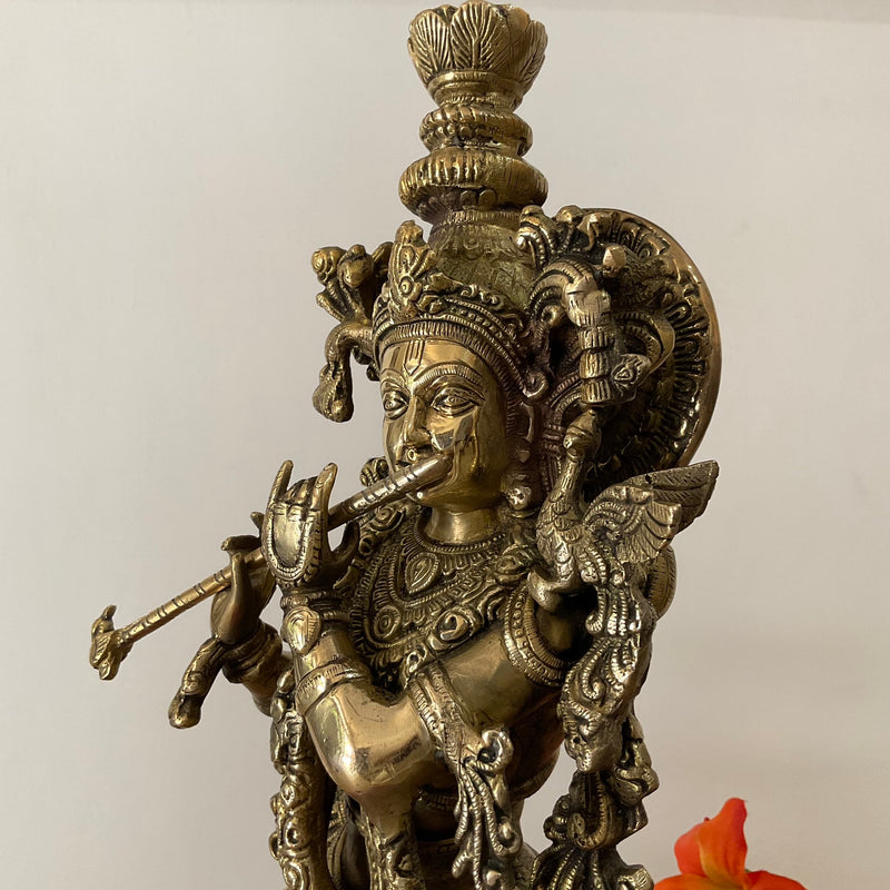 23 Inch Lord Krishna Cow Calf Brass idol - Krishna Statue for Indian Decor - Crafts N Chisel - Indian Home Decor USA