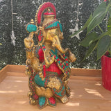 12 Inch Brass Ganesh Idol With Stonework For Home - Ganpati Pooja Statue - Crafts N Chisel - Indian Home Decor USA