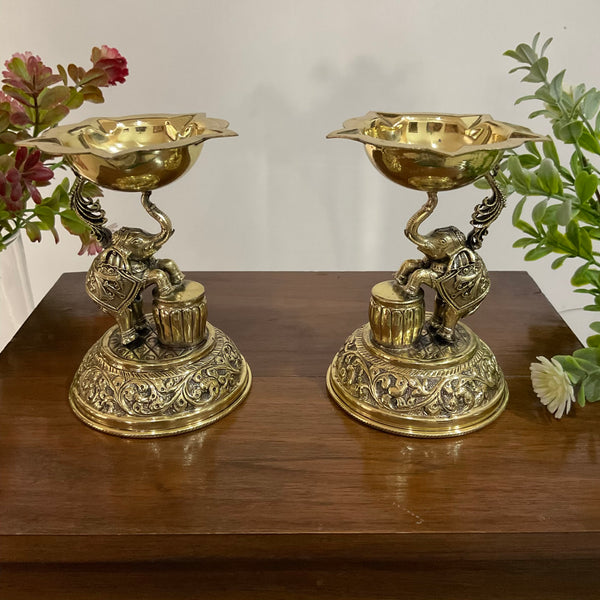 Elephant Brass Diya Lamp Lightweight Antique Finish - Temple Pooja Decor - Crafts N Chisel - Indian Home Decor USA