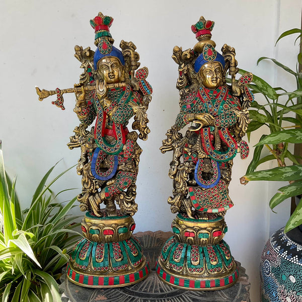 20 Inches Radha Krishna Idol Brass Stonework, God of Love, Decorative Statue Figurines - Crafts N Chisel - Indian Home Decor USA