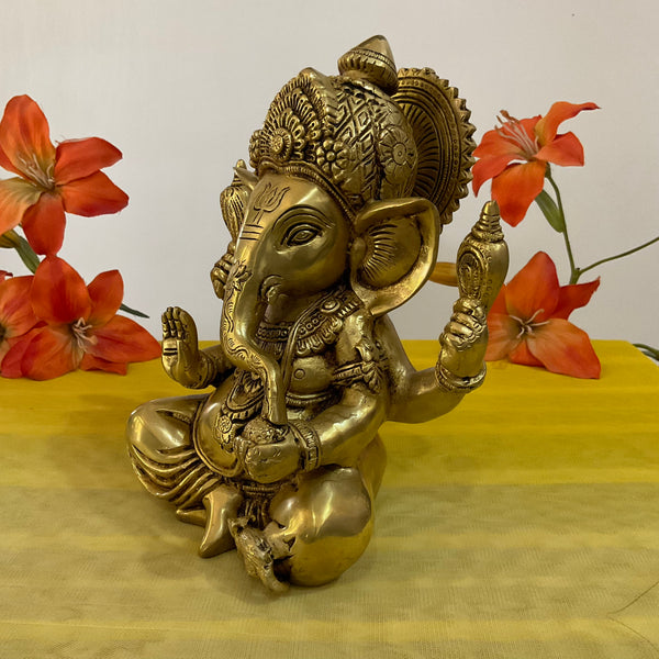 9 Inch Brass Ganesh Idol For Pooja - Home Decor Festive Statue - Crafts N Chisel - Indian Home Decor USA