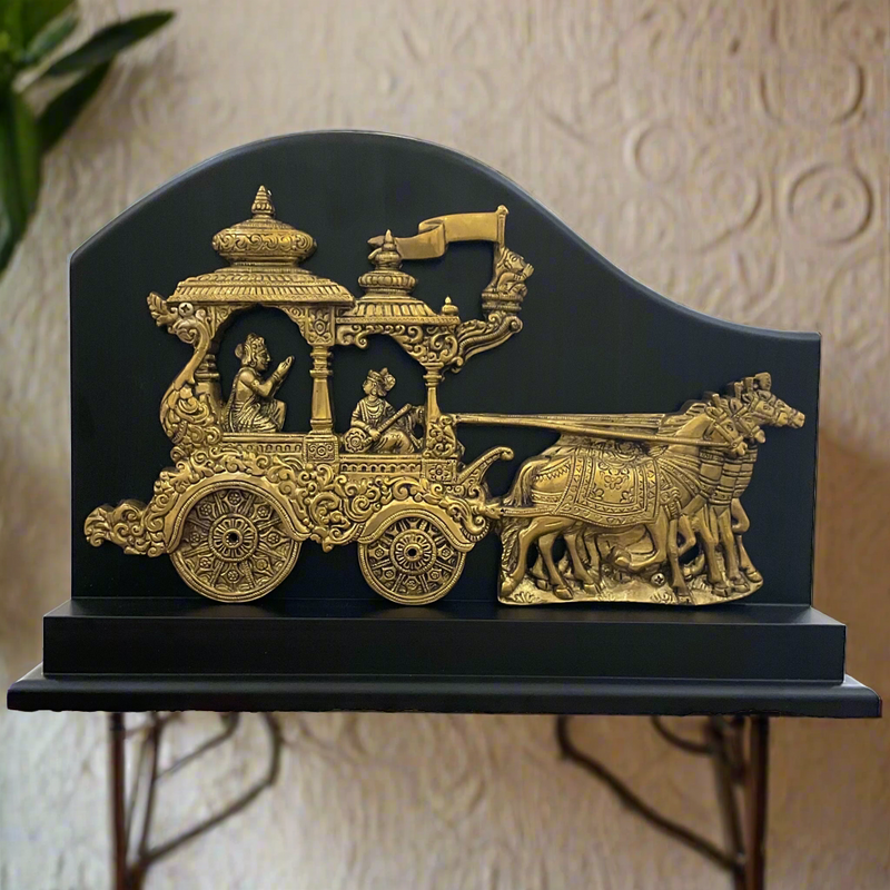 Krishna Arjun Rath Brass Wooden Table Decor - Traditional Office & Home Decor - Crafts N Chisel - Indian Home Decor USA
