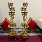 34 Inches Handmade Standing Brass Diya Lamp With Bell (Set of 2) : Dancing Peacock - Crafts N Chisel - Indian Home Decor USA