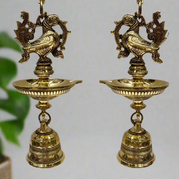 Annapakshi Hanging Diya Lamp With Bell Brass Festive Home Decor - Crafts N Chisel - Indian Home Decor USA