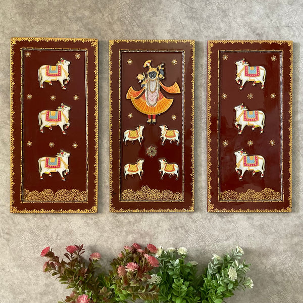 Shrinathji Cow Pichwai Wall Hanging (Set of 3) - Crafts N Chisel - Indian Home Decor USA