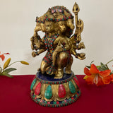 12.5 Inch Lord Hanuman Punchmukhi Idol - Brass Stonework Decorative Home Decor - Crafts N Chisel - Indian Home Decor USA