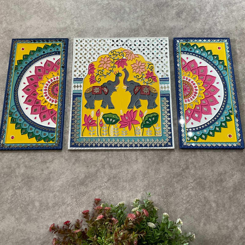Elephant Flower Rangoli Lippan Wall Hanging - Clay Mirror Wall Decor (Set of 3) - Crafts N Chisel - Indian Home Decor USA