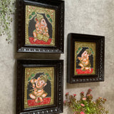 Lord Ganesha Tanjore Painting (Set of 3) - Traditional Wall Art - Crafts N Chisel - Indian Home Decor USA