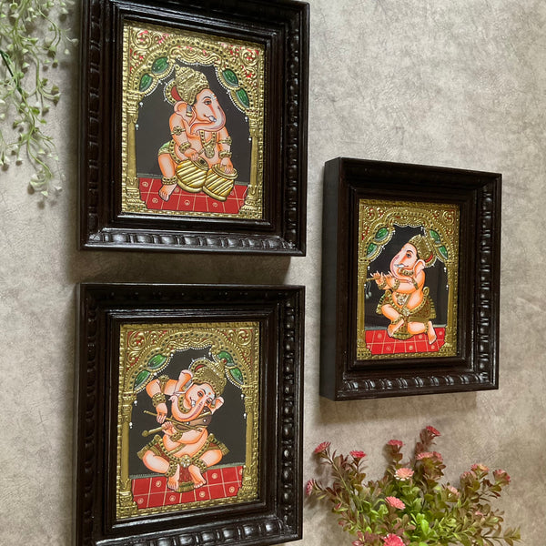 Lord Ganesha Tanjore Painting (Set of 3) - Traditional Wall Art - Crafts N Chisel - Indian Home Decor USA