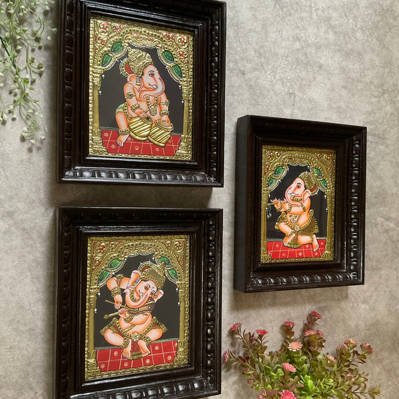 Lord Ganesha Tanjore Painting (Set of 3) - Traditional Wall Art - Crafts N Chisel - Indian Home Decor USA