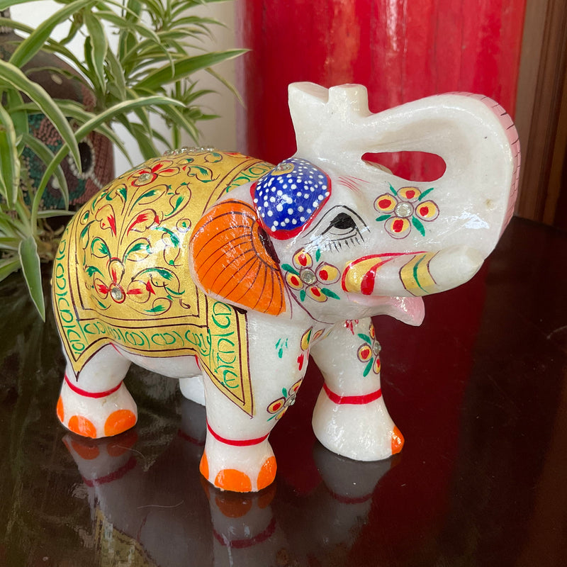 Handcrafted 5 Inches Marble Elephant (Set of 2) - Meenakari Stone Art - Table Animal Decor - Crafts N Chisel - Indian Home Decor USA