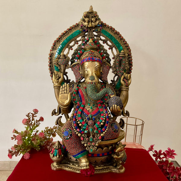 27 Inch Lord Ganesh Idol With Prabhavali - Brass Stonework Statue - Crafts N Chisel - Indian Home Decor USA