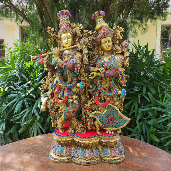 28 Inch Radha Krishna With Cow Brass Stonework Statue Idol - Crafts N Chisel - Indian Home Decor USA