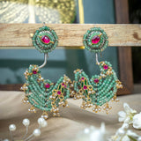 Enchanted Greens Pearl Parrot Motif Earrings - Crafts N Chisel - Indian Home Decor USA