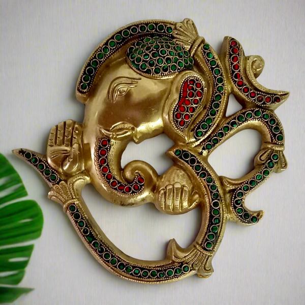 Om Ganesha Wall Hanging - Brass Stonework Decor - Crafts N Chisel - Indian Home Decor USA