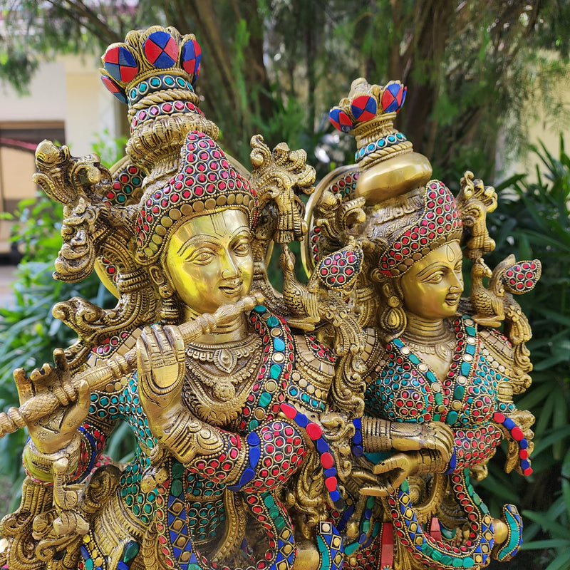 28 Inch Radha Krishna With Cow Brass Stonework Statue Idol - Crafts N Chisel - Indian Home Decor USA