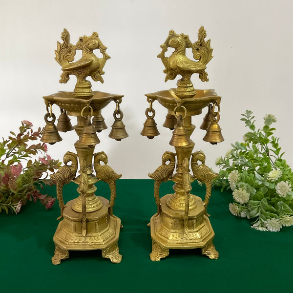 13 Inch Annapakshi Brass Diya Lamp (Set of 2) - Temple Decor - Brass Diya For Pooja - Crafts N Chisel - Indian Home Decor USA
