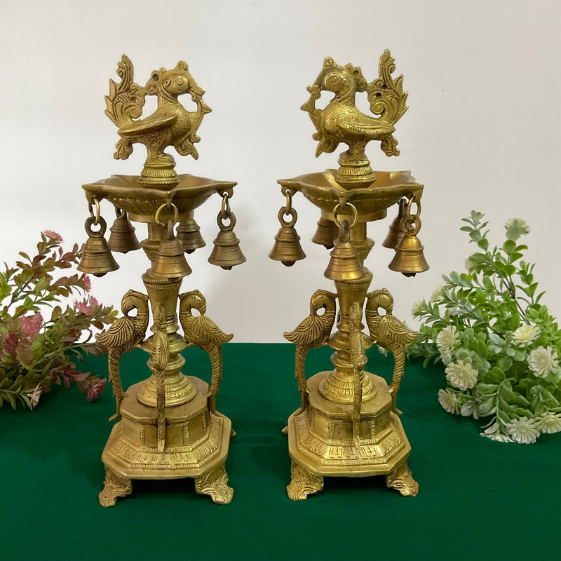 13 Inch Annapakshi Brass Diya Lamp (Set of 2) - Temple Decor - Brass Diya For Pooja - Crafts N Chisel - Indian Home Decor USA