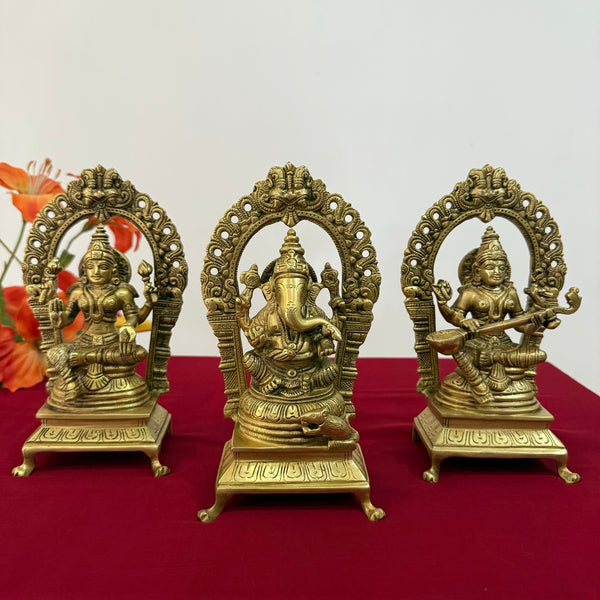 Lakshmi Ganesh Saraswati Brass Idol - Decorative Home Decor - Crafts N Chisel - Indian Home Decor USA