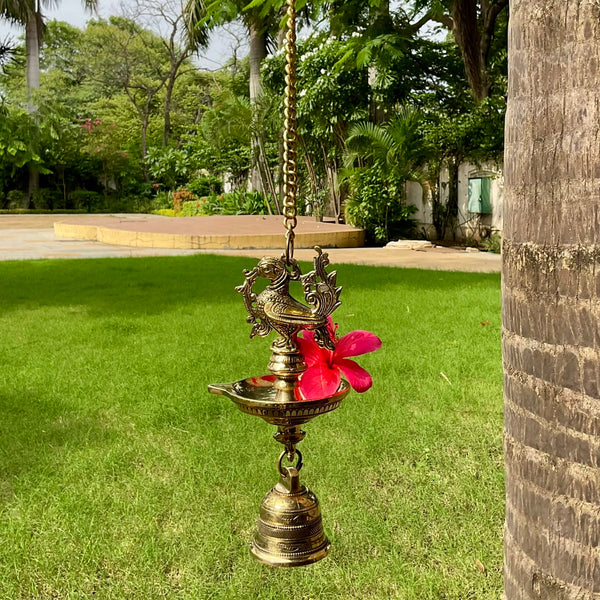 Annapakshi Hanging Diya Lamp With Bell Brass Festive Home Decor - Crafts N Chisel - Indian Home Decor USA