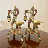 15 Inch Lord Ganesh Brass Idol Stonework And 7 Inch Peacock Diya With Bell Home Pooja Decor (Set of 3) - Crafts N Chisel - Indian Home Decor USA