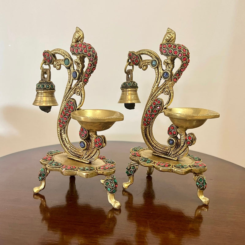 15 Inch Lord Ganesh Brass Idol Stonework And 7 Inch Peacock Diya With Bell Home Pooja Decor (Set of 3) - Crafts N Chisel - Indian Home Decor USA