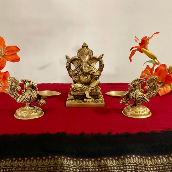 Brass Ganesh Statue Idol And Peacock Diya (Set of 3) Home Pooja Decor - Crafts N Chisel - Indian Home Decor USA