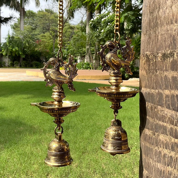 Annapakshi Hanging Diya Lamp With Bell Brass Festive Home Decor (Set of 2) - Crafts N Chisel - Indian Home Decor USA