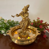 10 Inches Lord Krishna Idol And 8 Inches Brass Urli With Handle Festive Home Decor - Crafts N Chisel - Indian Home Decor USA