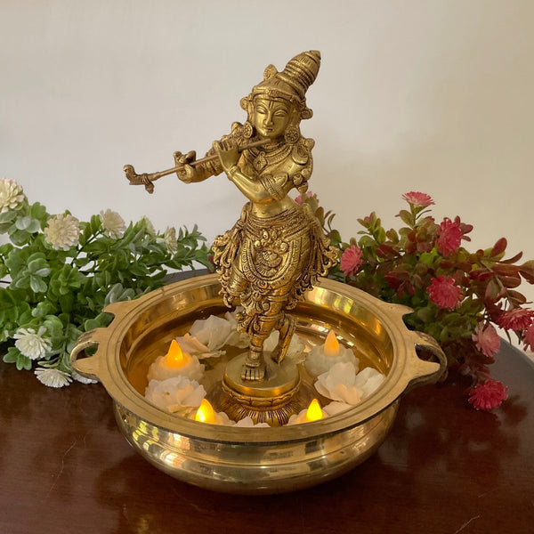 10 Inches Lord Krishna Idol And 8 Inches Brass Urli With Handle Festive Home Decor - Crafts N Chisel - Indian Home Decor USA