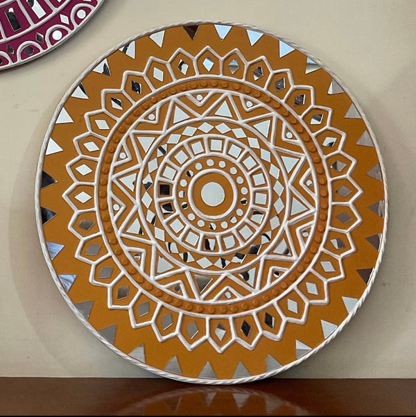 15 Inches Yellow Lippan Art Wall Hanging - Clay Mirror Wall Decor - Crafts N Chisel - Indian Home Decor USA