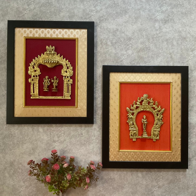 Framed Brass Prabhavali (Set of 2) - Lakshmi Vishnu & Deep Lakshmi - Ethnic Wall Decor - Crafts N Chisel - Indian Home Decor USA