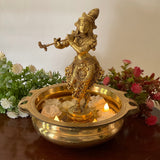 10 Inches Lord Krishna Idol And 8 Inches Brass Urli With Handle Festive Home Decor - Crafts N Chisel - Indian Home Decor USA