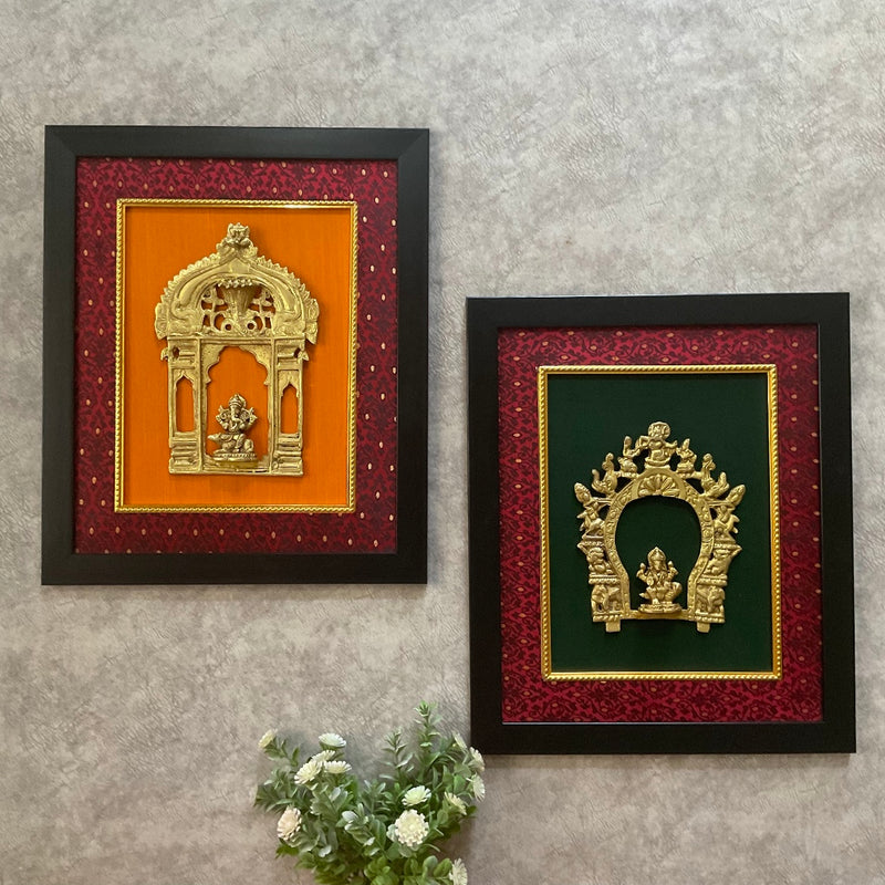 Framed Brass Prabhavali (Set of 2) - Lakshmi Ganesha - Ethnic Wall Decor - Crafts N Chisel - Indian Home Decor USA