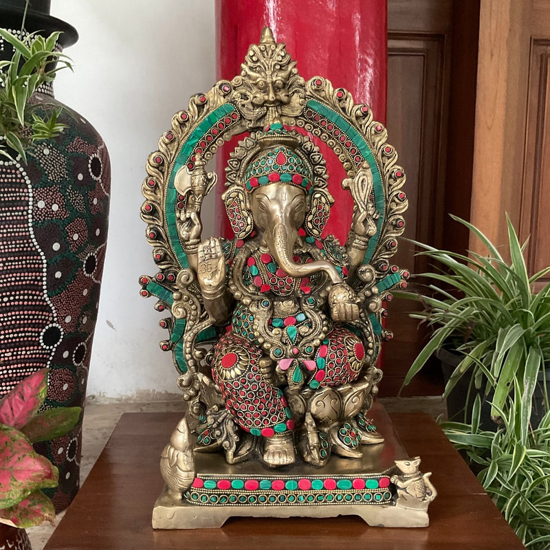 17.5 Inches Lord Ganesh Brass Idol Stonework - handcrafted Ganpati Decorative Statue for Home Decor - Housewarming Gift - Crafts N Chisel - Indian Home Decor USA
