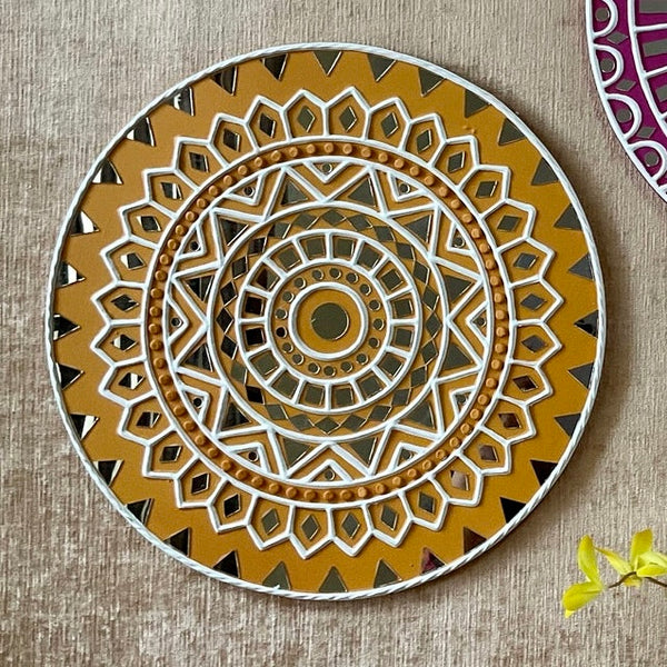 15 Inches Yellow Lippan Art Wall Hanging - Clay Mirror Wall Decor - Crafts N Chisel - Indian Home Decor USA