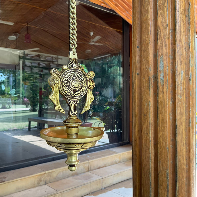 Shanku Chakra Hanging Diya (Set is 2) - Brass Wall Hanging - Temple Decor - Crafts N Chisel - Indian Home Decor USA