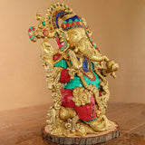 16 Inches Lord Ganesh Brass Idol Stonework - handcrafted Ganpati Decorative Statue for Home Decor - Housewarming Gift - Crafts N Chisel - Indian Home Decor USA
