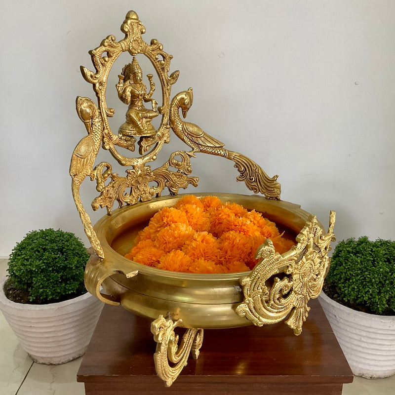 Goddess Lakshmi Peacock Brass Urli For Home Decor With 2 Free Marigold Garlands - Crafts N Chisel - Indian Home Decor USA