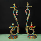 20 Inches Handmade Standing Brass Diya Lamp With Stonework (Set of 2) - Crafts N Chisel - Indian Home Decor USA