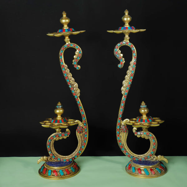 20 Inches Handmade Standing Brass Diya Lamp With Stonework (Set of 2) - Crafts N Chisel - Indian Home Decor USA