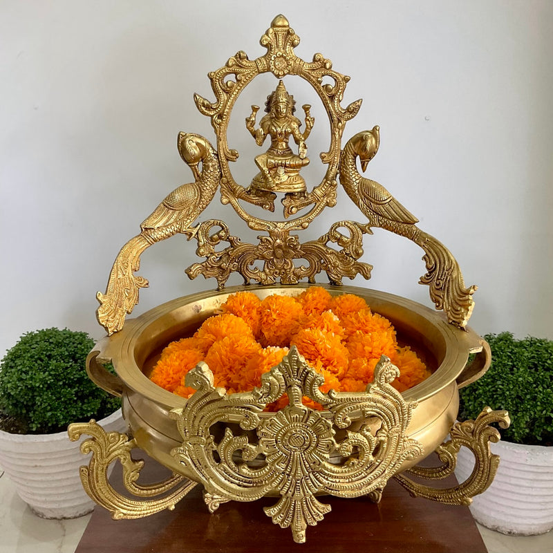 Goddess Lakshmi Peacock Brass Urli For Home Decor With 2 Free Marigold Garlands - Crafts N Chisel - Indian Home Decor USA