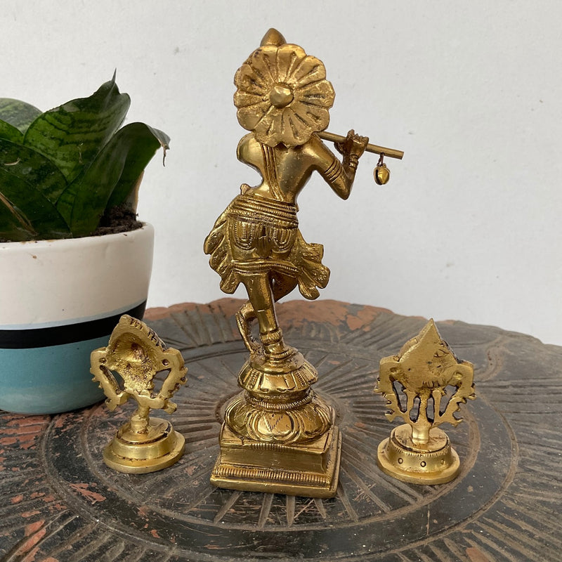 6 Inch Lord Krishna Brass Idol And Shanku Chakra Home Decor - Pooja murti - Crafts N Chisel - Indian Home Decor USA