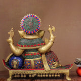 16 Inches Sitting Lord Ganesh Brass Idol - Handcrafted Stonework Inlay - Ganpati Decorative Statue for Home Decor - Crafts N Chisel - Indian Home Decor USA