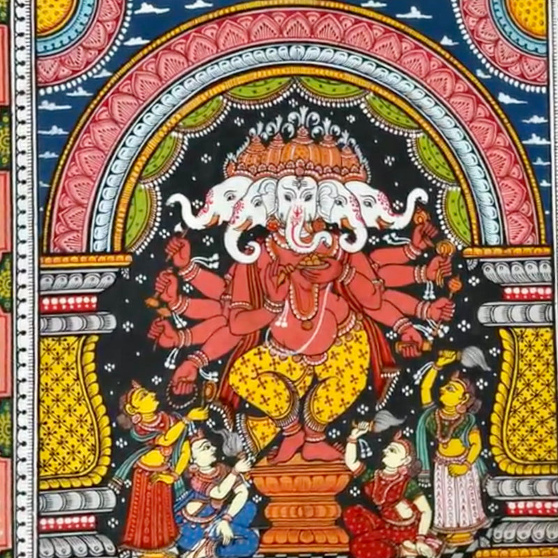Punchmukhi Ganesha Pattachitra Painting Framed, Handpainted Wall Decor - Crafts N Chisel - Indian Home Decor USA