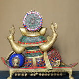 16 Inches Sitting Lord Ganesh Brass Idol - Handcrafted Stonework Inlay - Ganpati Decorative Statue for Home Decor - Crafts N Chisel - Indian Home Decor USA
