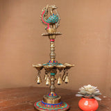 22 Inches Handmade Standing Brass Diya Lamp With Stonework (Set of 2) - Antique finish - Crafts N Chisel - Indian Home Decor USA