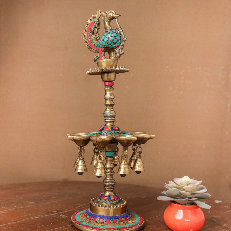 22 Inches Handmade Standing Brass Diya Lamp With Stonework (Set of 2) - Antique finish - Crafts N Chisel - Indian Home Decor USA